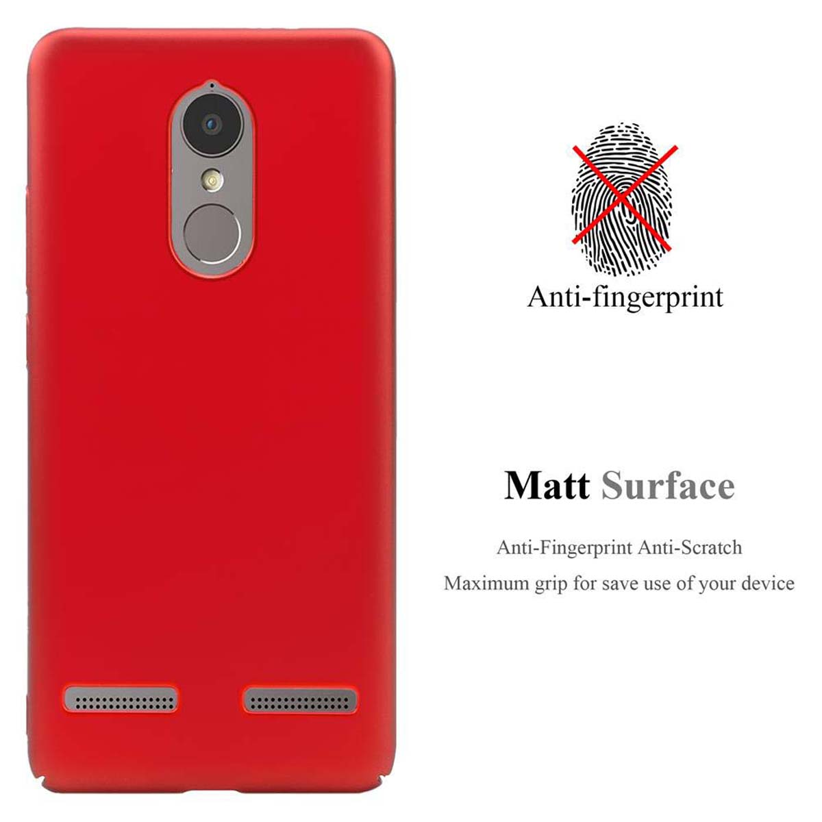 Ein rotes Telefon mit roter Hülle. Das Telefon befindet sich neben Text, der besagt, dass die Oberfläche matt und fingerabdrucksicher ist.