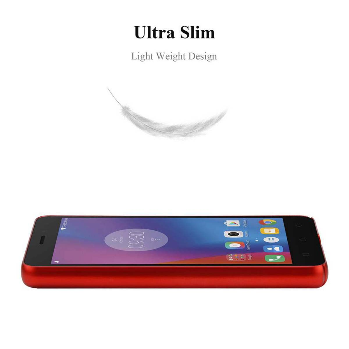 Rotes Telefon mit einer Feder. Das Telefon liegt auf dem Boden mit Symbolen auf dem Bildschirm. Feder schwebt.
