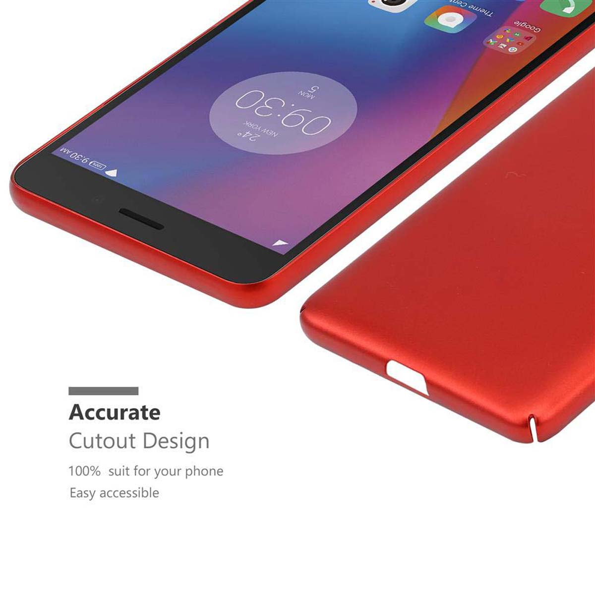Eine rote Handyhülle, die das Telefon und seinen Bildschirm zeigt. Text: 'Accurate Cutout Design'. Das Telefon hat einen roten Rahmen.
