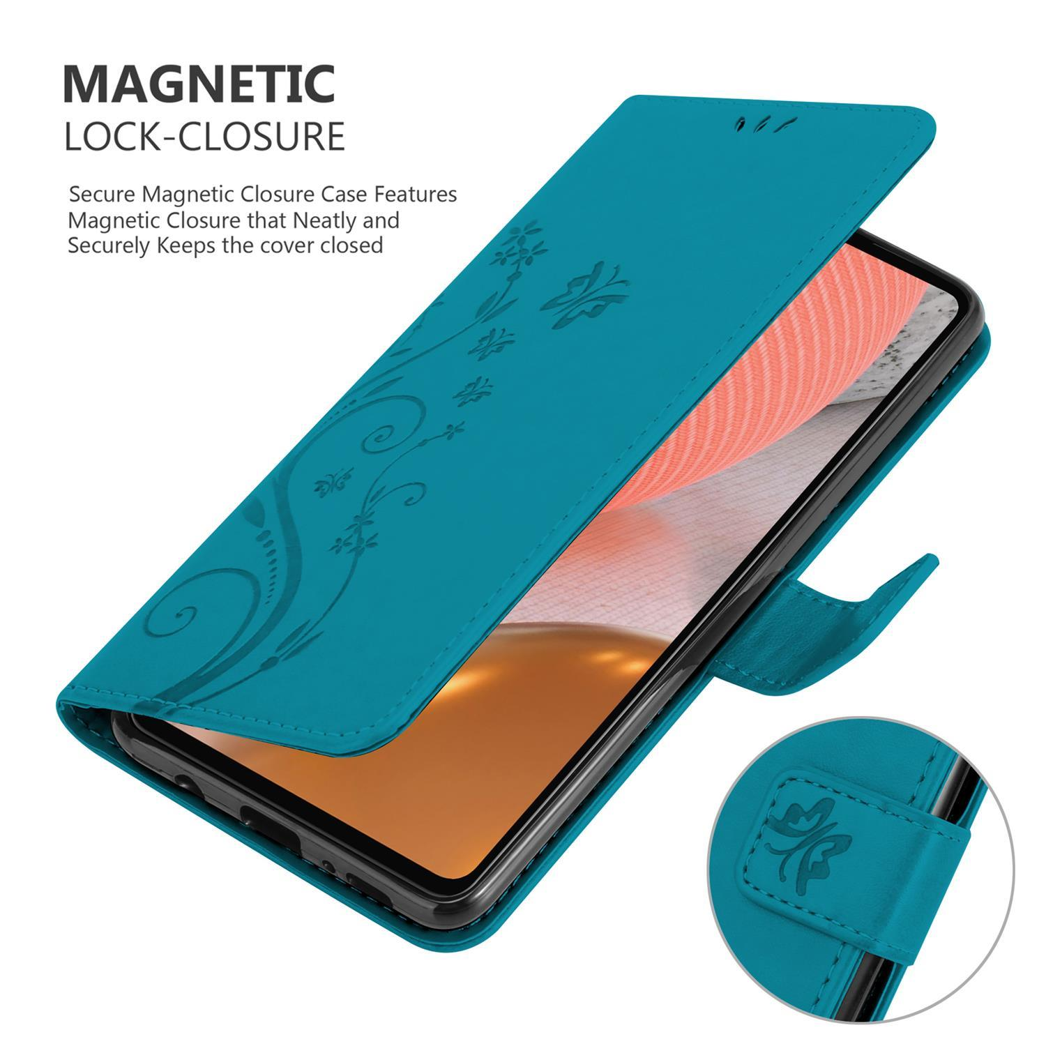 Custodia telefono verde acqua aperta, che mostra un telefono. Design floreale sulla copertina. Chiusura magnetica descritta.