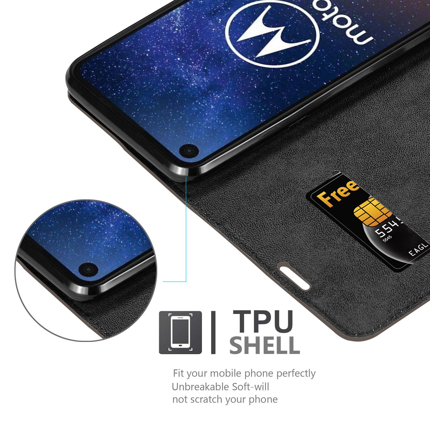 Schwarzes Telefon in Hülle, offen mit Karte sichtbar. Die Hülle hat eine TPU-Schale. Der Text erklärt Passform und Material des Telefons.