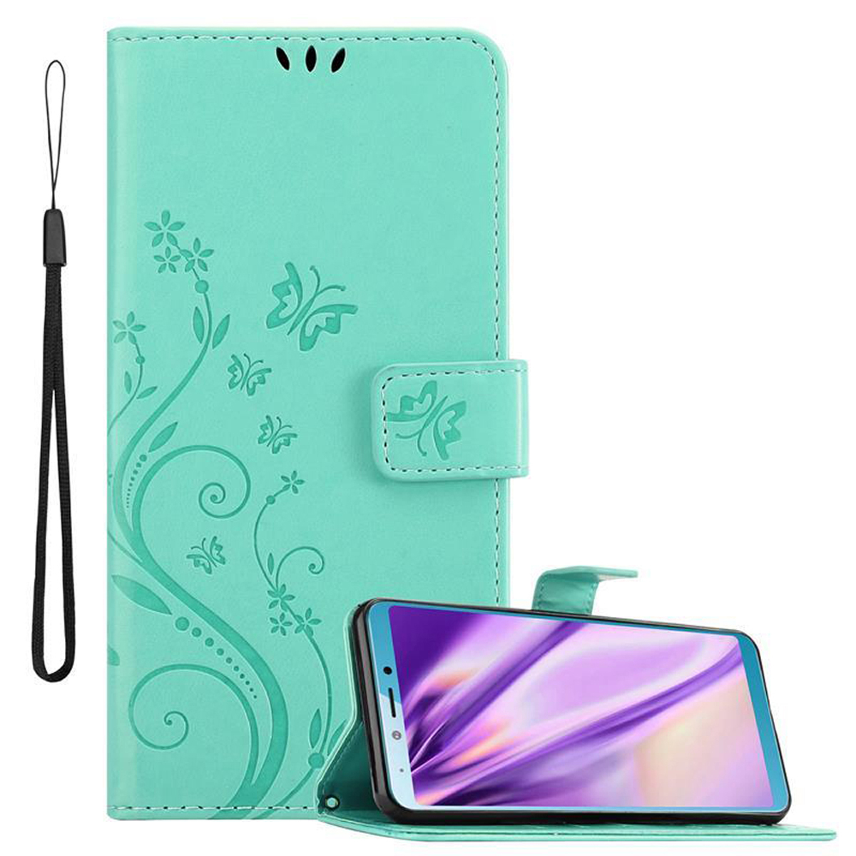Custodia per telefono color verde acqua con un design floreale. Il telefono è in mostra. La custodia è aperta.