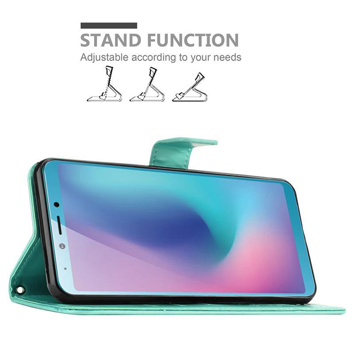 Custodia verde acqua con telefono all'interno. Il telefono mostra uno schermo bianco. La funzione di supporto è regolabile.