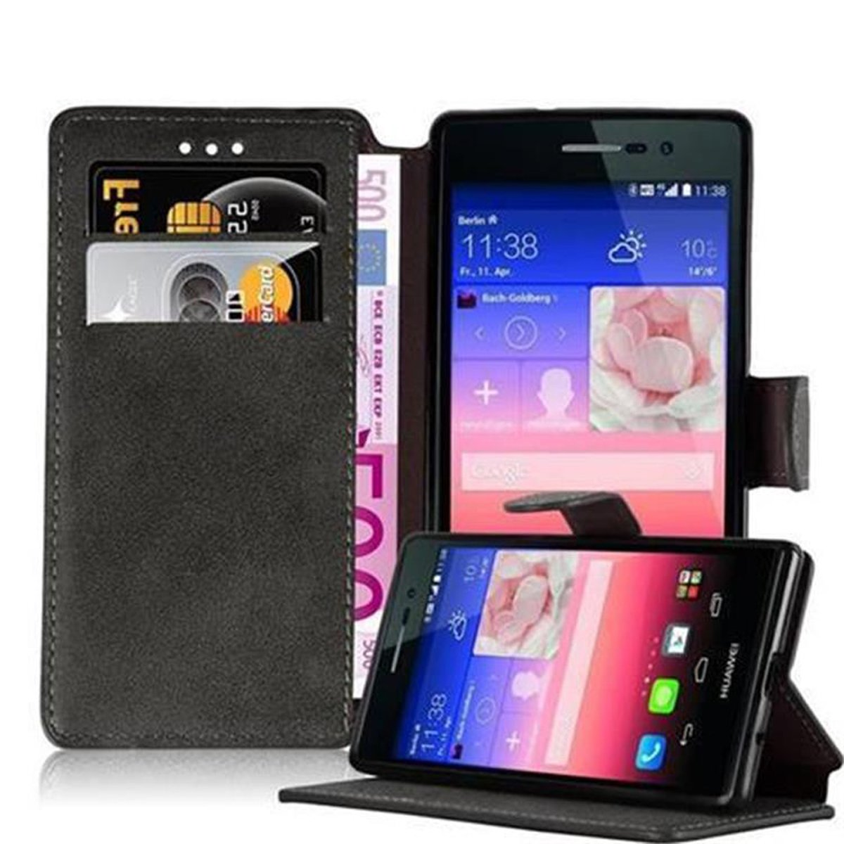Custodia grigio scuro aperta con telefono. Carte e contanti visibili.