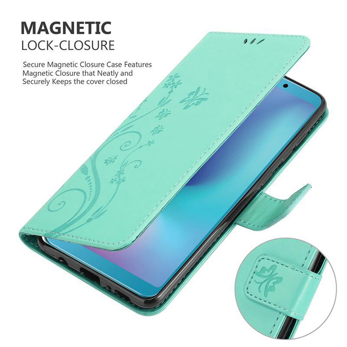 Custodia per telefono turchese con schermo. Testo: Chiusura magnetica. Decorata con un motivo floreale.