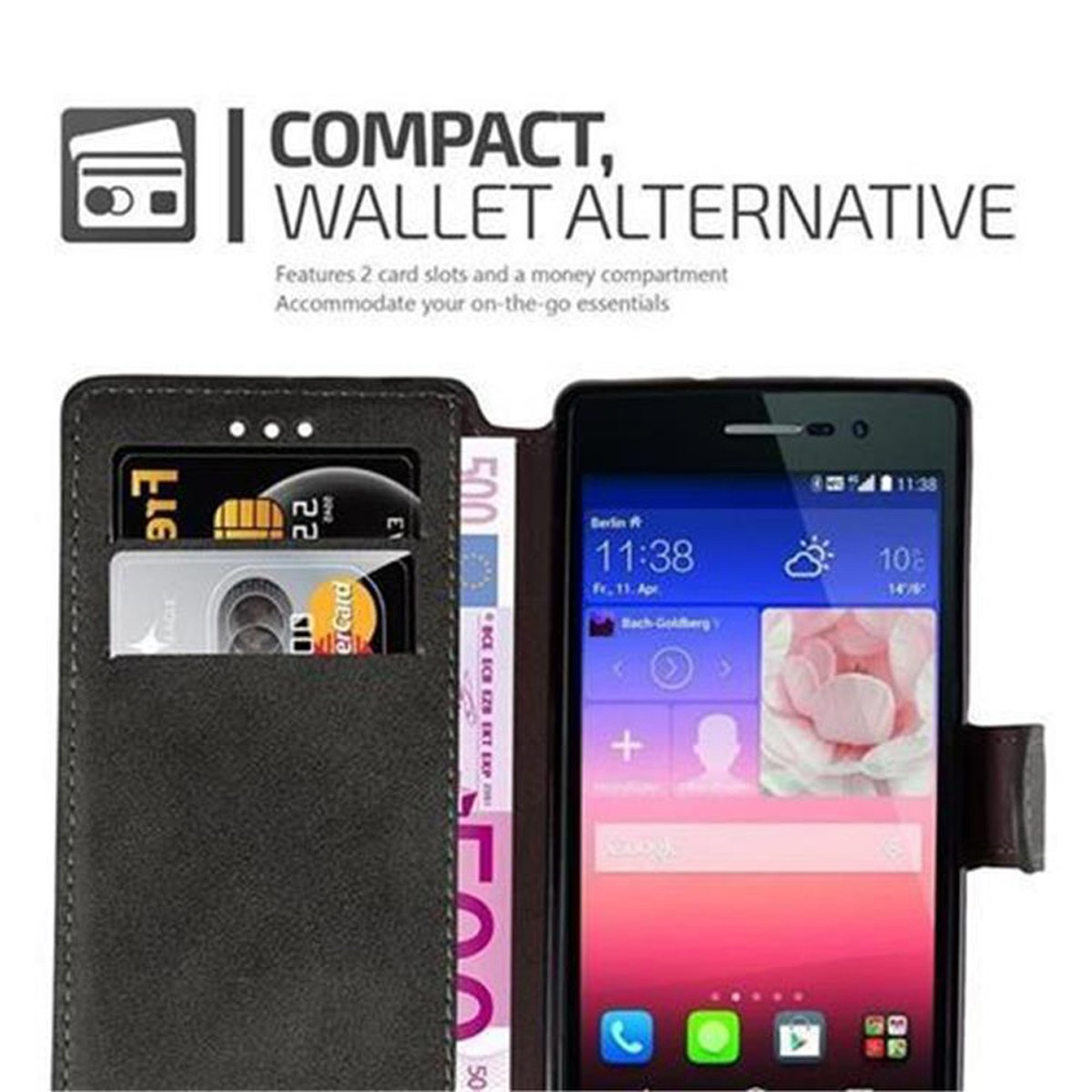 Telefono in custodia scura con carte e denaro. Testo: COMPATTO, ALTERNATIVA PORTAFOGLIO. Con fessure per carte.