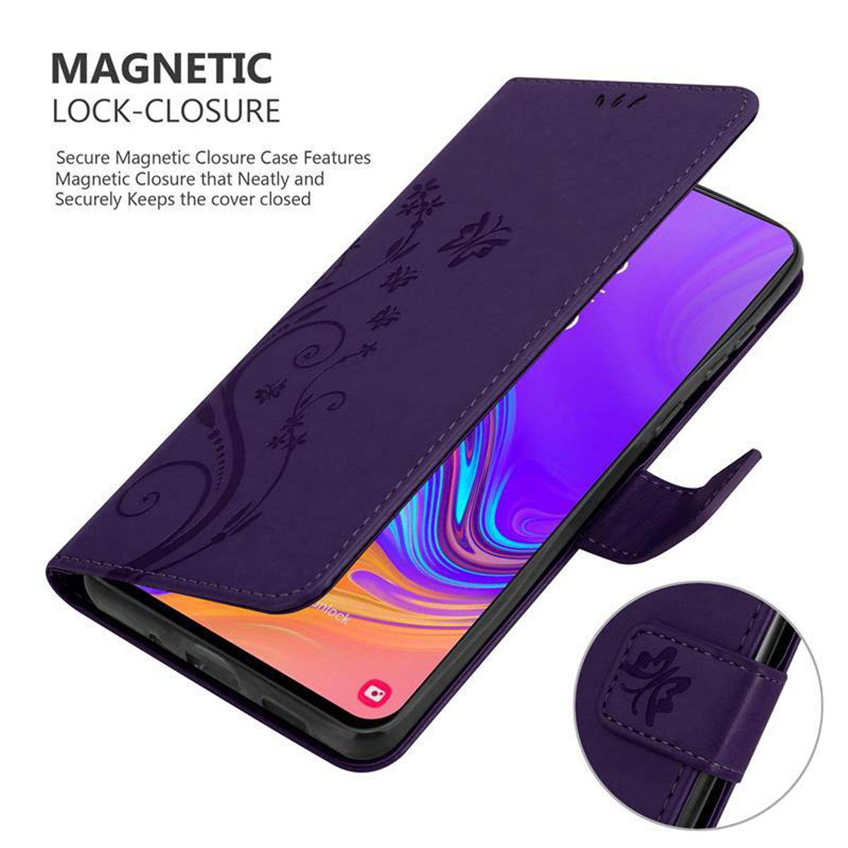 Custodia viola con design floreale, aperta per rivelare lo schermo. Chiusura magnetica visibile.