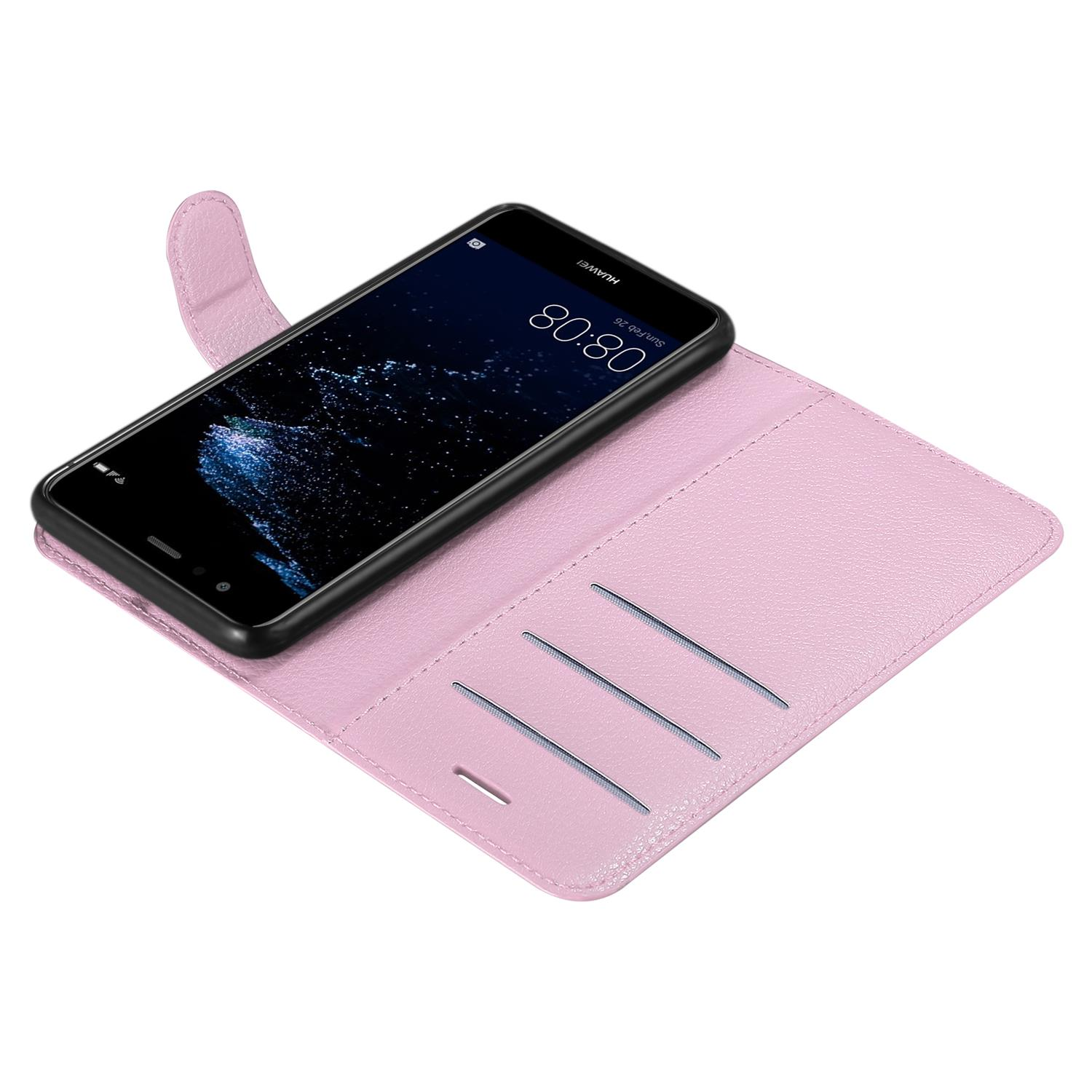 Custodia per telefono rosa con un telefono nero all'interno. Il telefono mostra l'ora 8:08 e il marchio è Huawei.