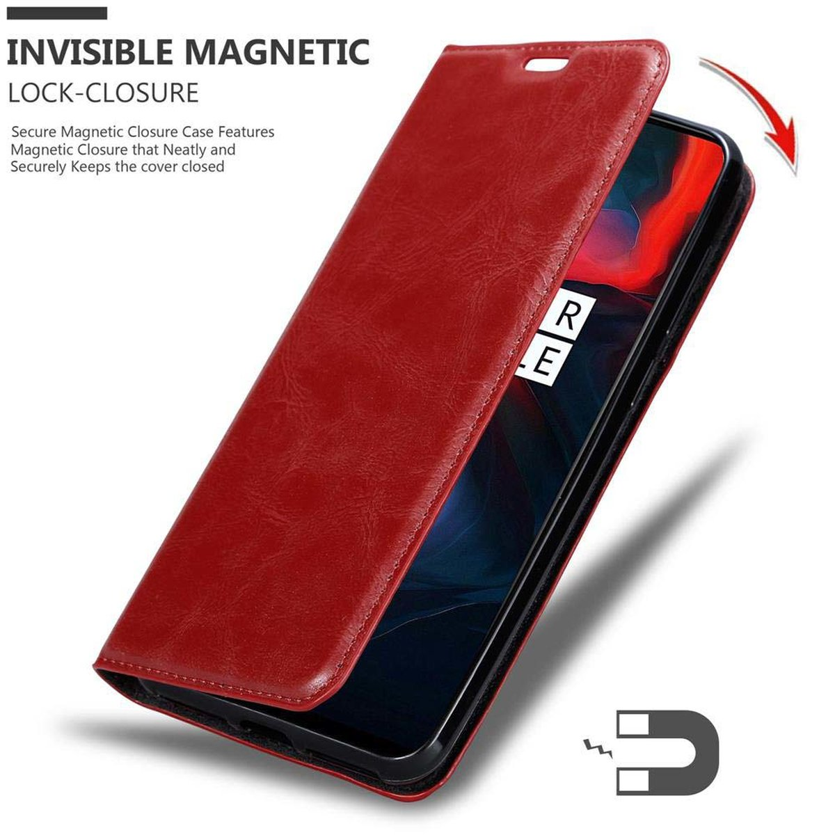 CADORABO Book Hülle Invisible Bookcover, Magnet, ROT OnePlus, 6, APFEL