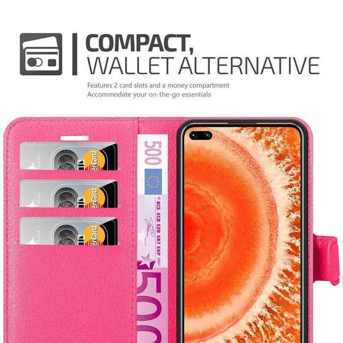 Custodia rosa, aperta, con carte e denaro visibili. Il telefono è dentro.