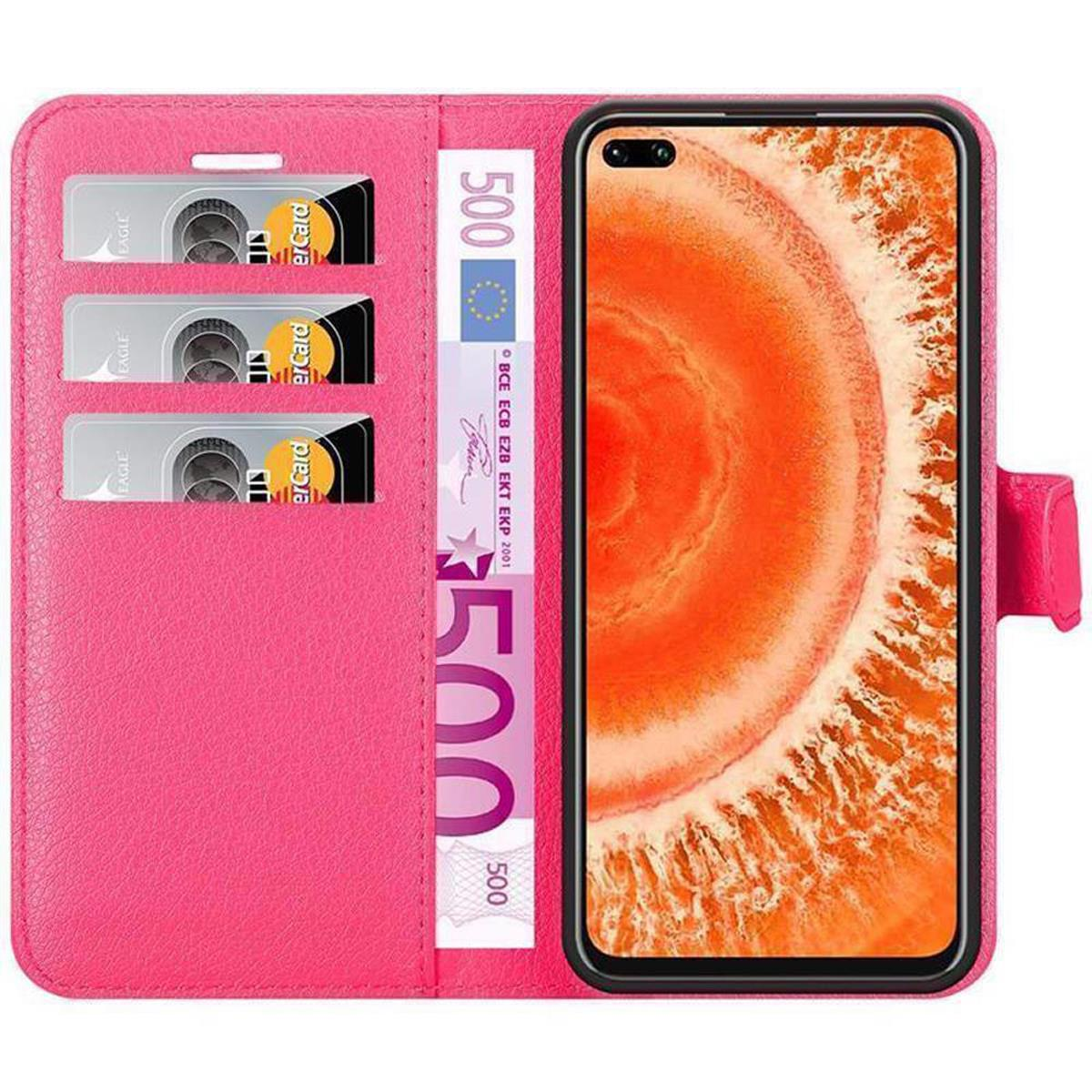 Una custodia per telefono rosa con telefono e carte. Lo schermo è acceso con uno sfondo colorato.