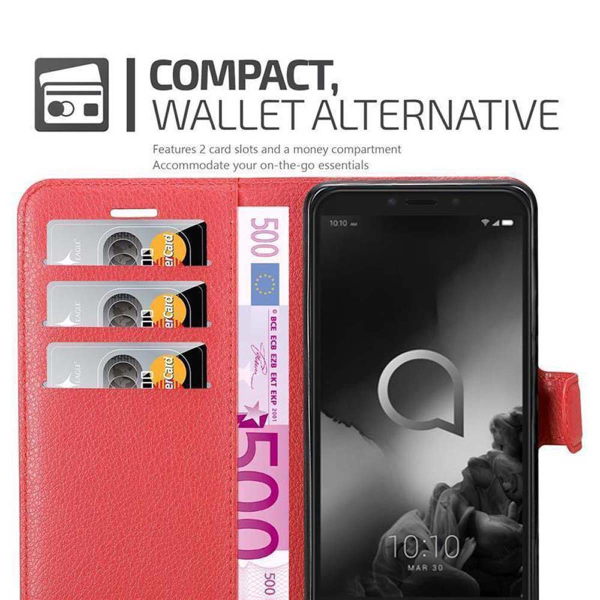 Custodia rossa per telefono, aperta, che mostra un telefono nero, carte e denaro. Offre un'alternativa al portafoglio.