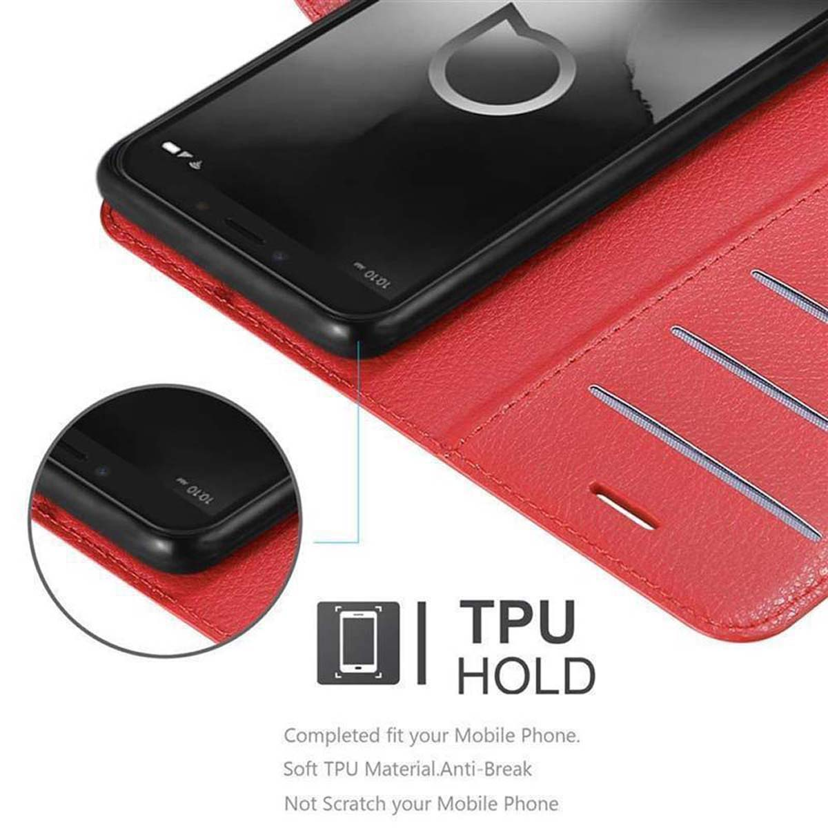 Primo piano di una custodia rossa, che mostra l'angolo del telefono e un logo TPU HOLD.