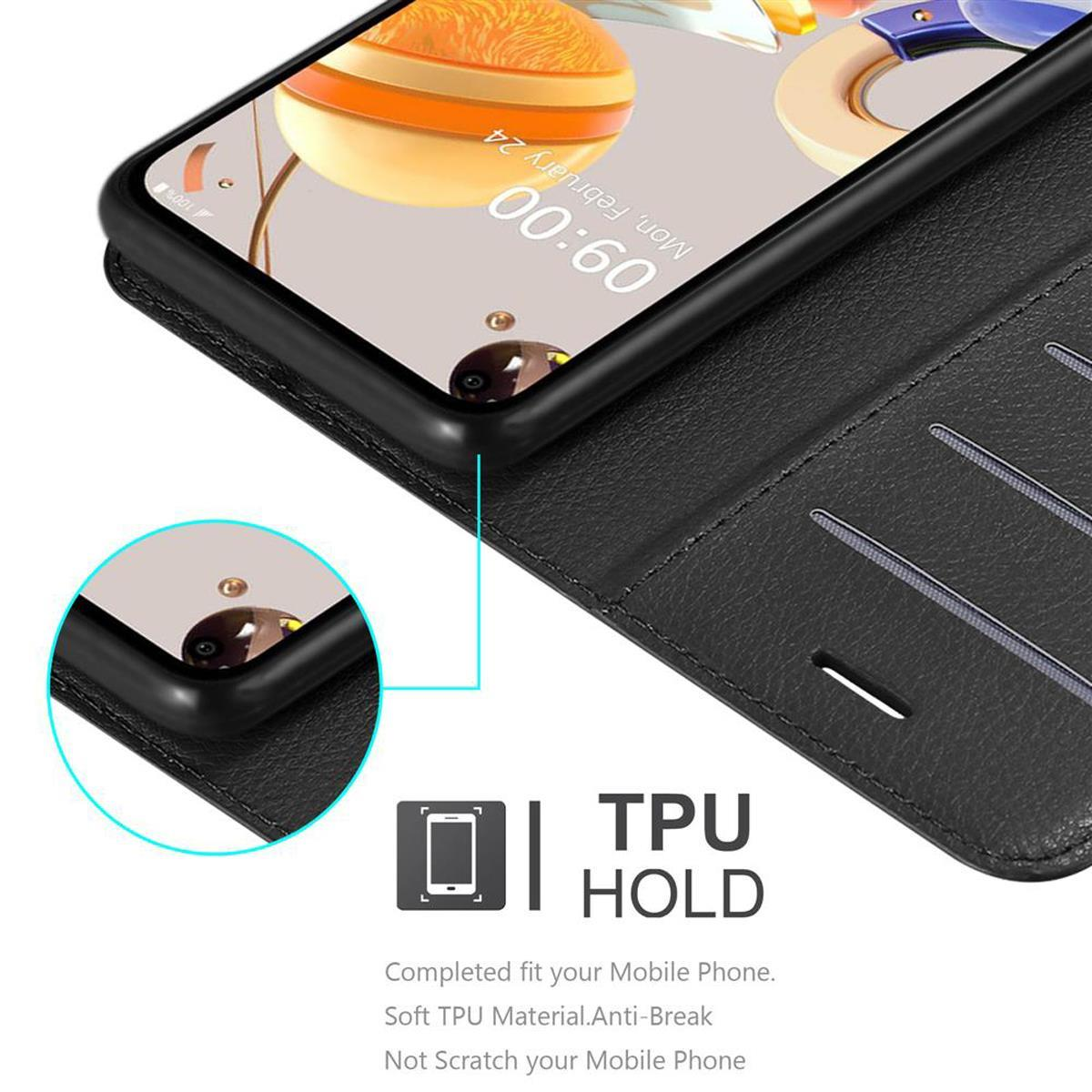 Una custodia per telefono nera aperta, primo piano di un telefono.