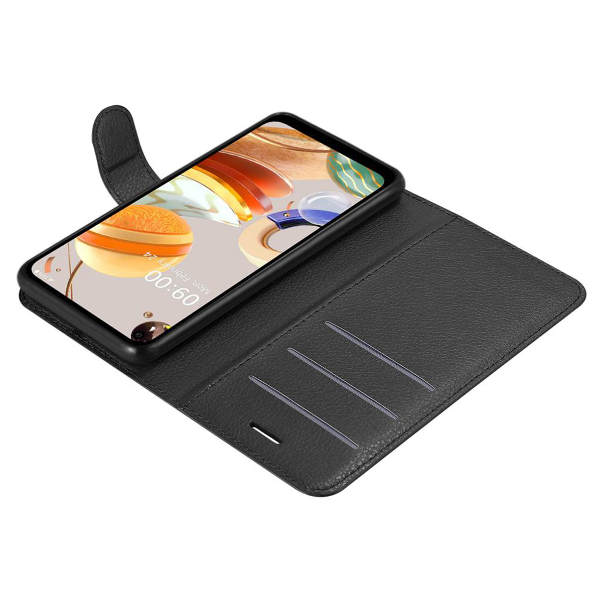 Custodia nera aperta, che rivela un telefono e slot per schede. Isolato su bianco.