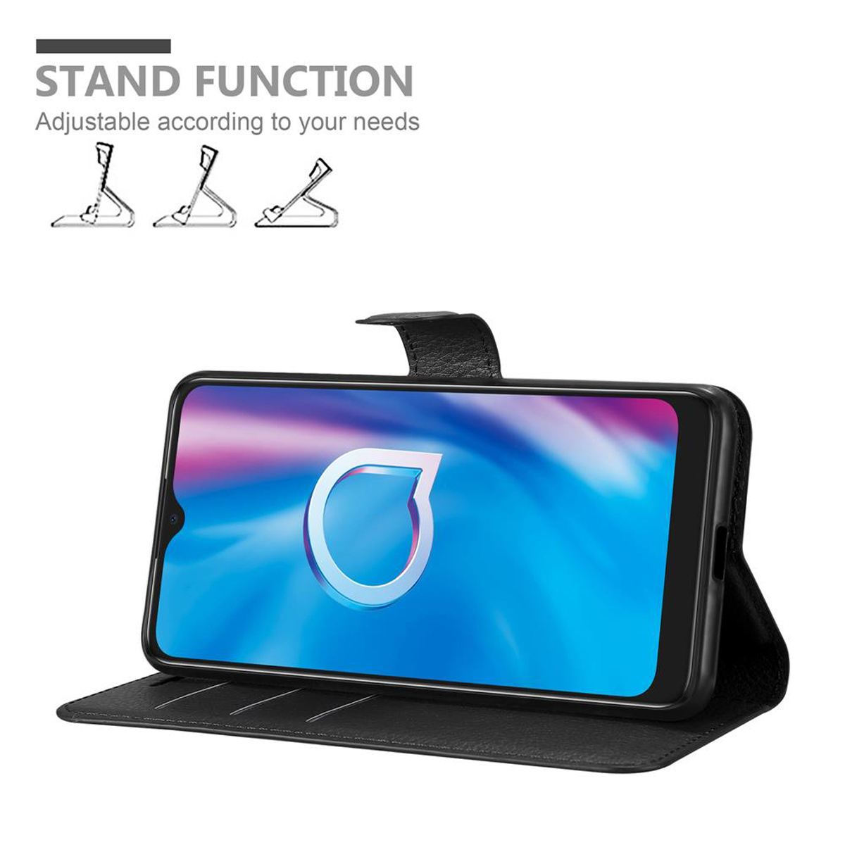 Custodia per telefono nera, aperta. Lo schermo del telefono mostra un design blu. La custodia ha la funzione stand.