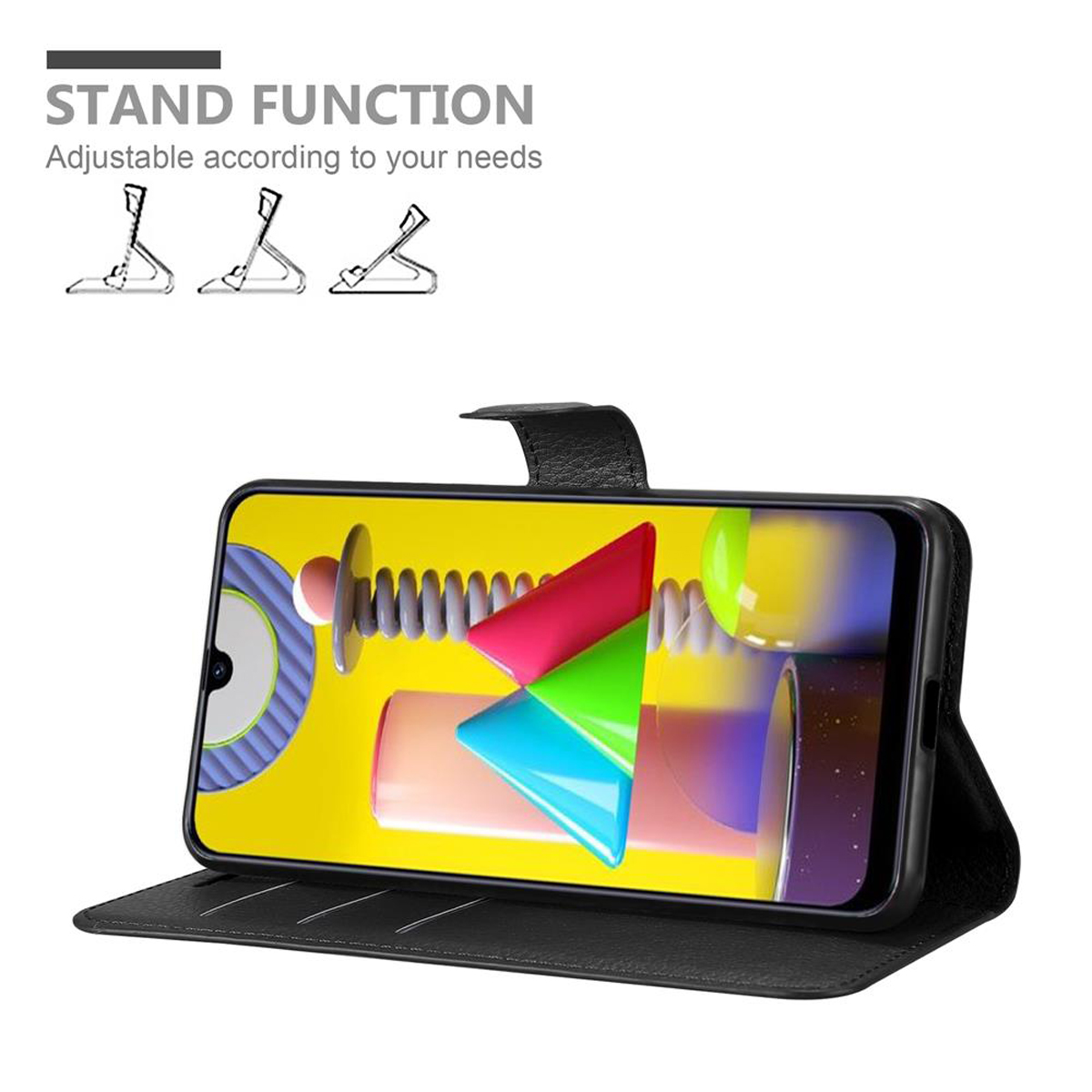 Schwarzes Telefon in einer Hülle mit Ständerfunktion. Das Telefon zeigt ein farbenfrohes Bild.