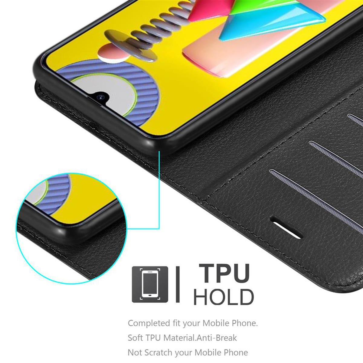 Schwarze Handyhülle mit einem Telefon im Inneren und einem Kartenfach.