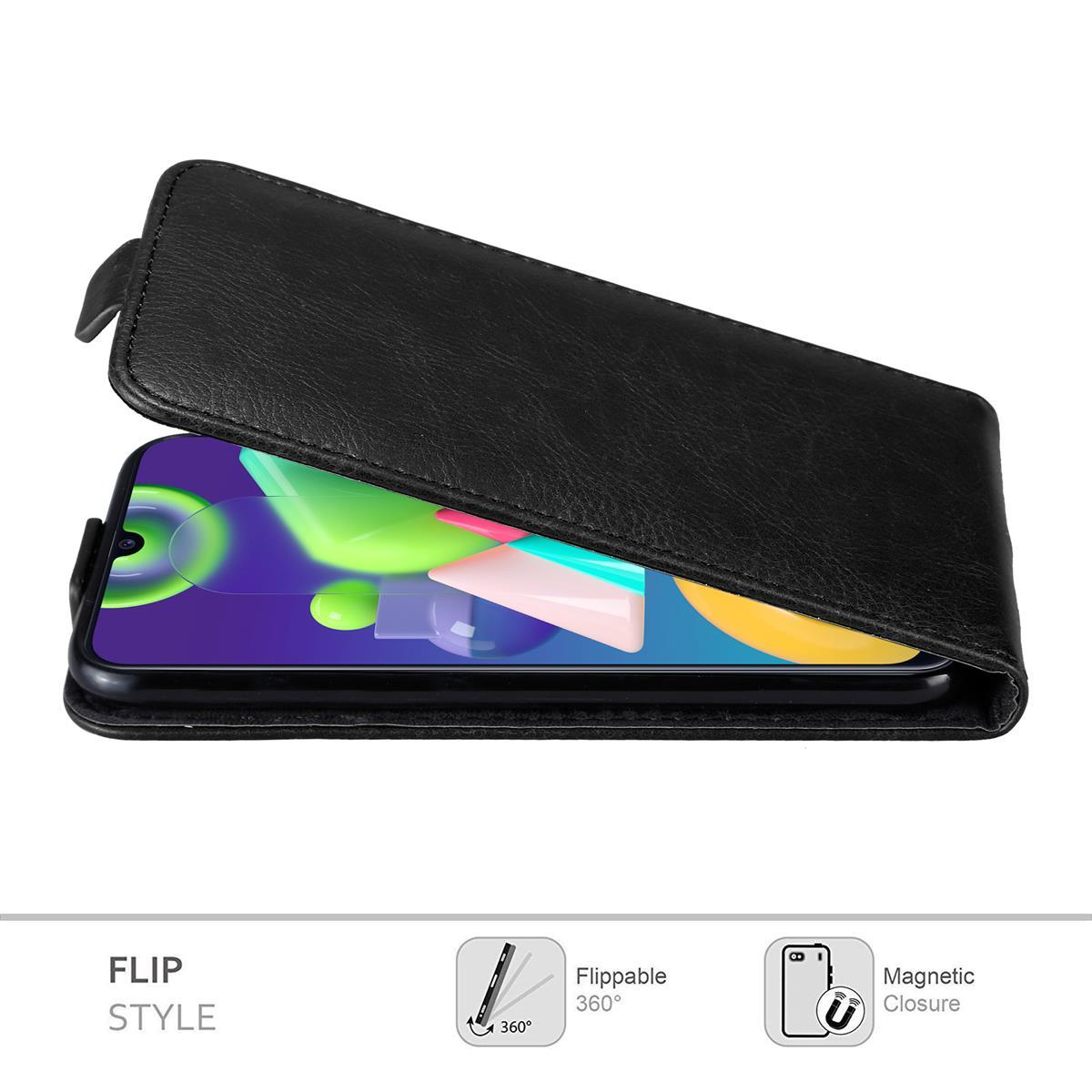 Schwarze Handyhülle, geschlossen und offen. Der Telefonbildschirm ist sichtbar, zeigt ein farbenfrohes Bild.
