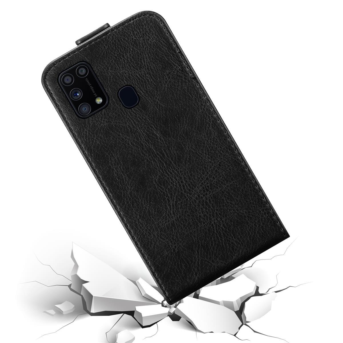 Schwarze Handyhülle geöffnet, angewinkelt. Weißer Hintergrund mit Bodeneffekt.