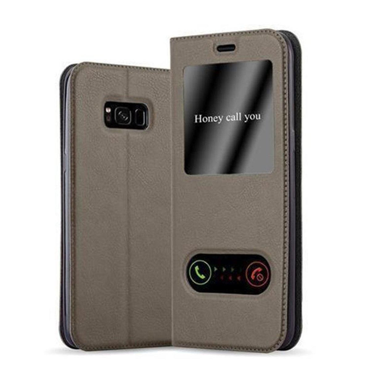 Funda de teléfono marrón con teléfono dentro. La pantalla dice: Honey call you.