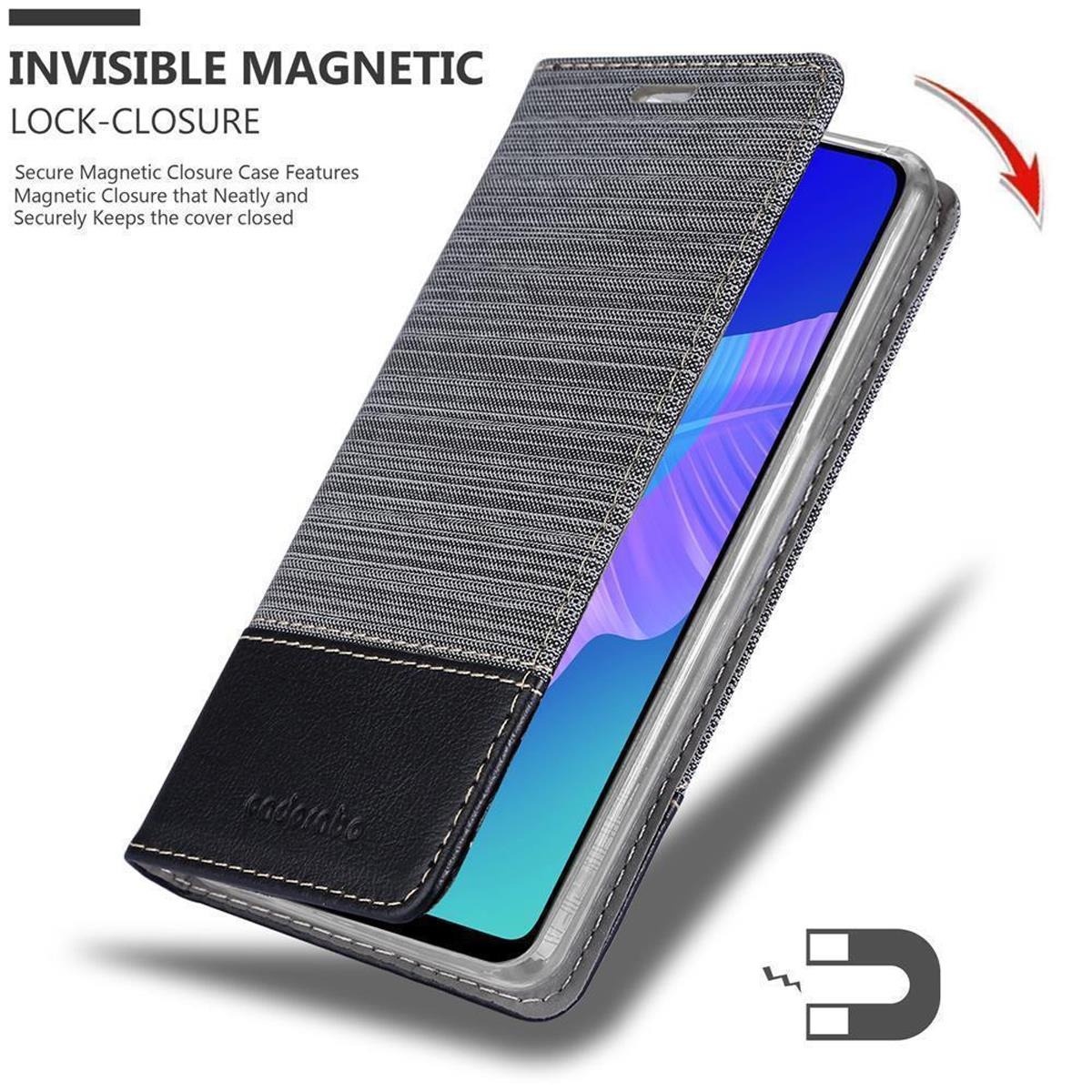 Custodia grigia per telefono con sezione in pelle nera, aperta per rivelare un telefono. Icona magnete accanto.