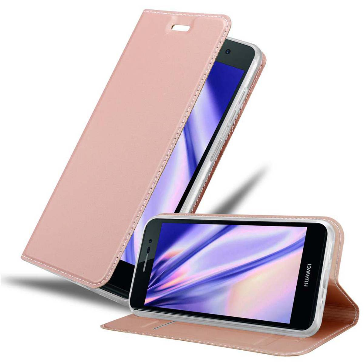 Un teléfono en una funda rosa, la funda abierta. El teléfono muestra una pantalla colorida. Fondo blanco.