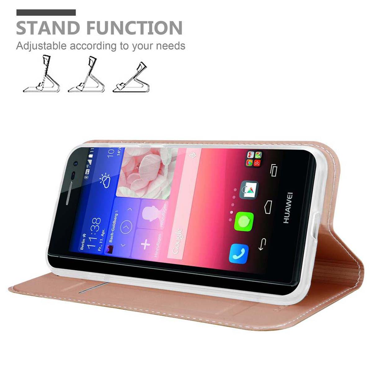 Un teléfono, en una funda abierta, de pie. La funda es de color tostado. El teléfono muestra la hora.