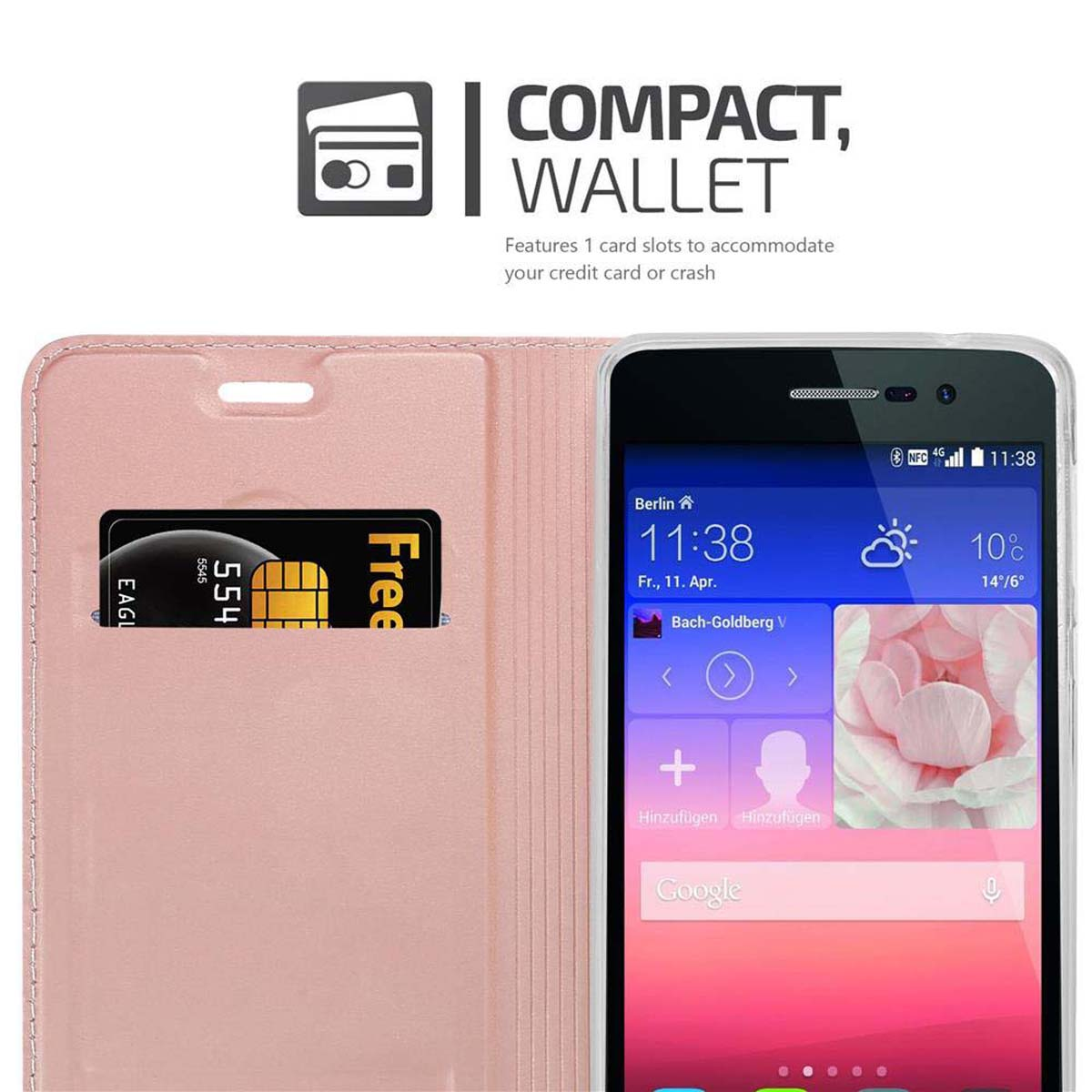 Teléfono dentro de una funda tipo cartera rosa. Una tarjeta y parte de la pantalla son visibles. Texto: 'Compact, Wallet'.
