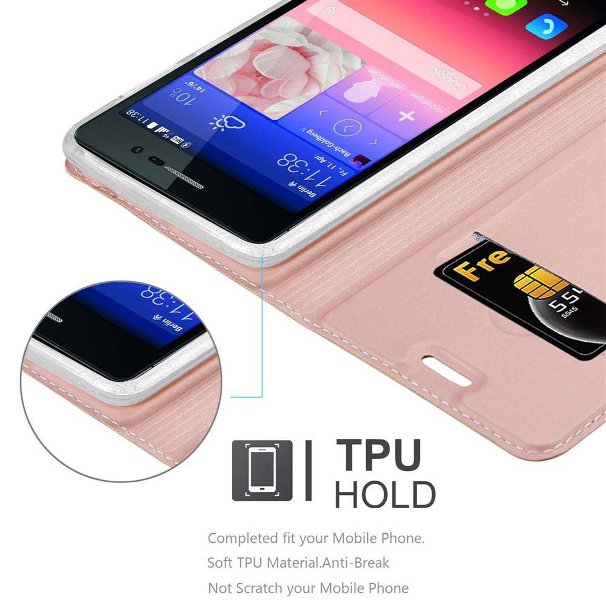 Funda rosa para teléfono, abierta, mostrando un teléfono negro y una tarjeta SIM. La funda tiene una sujeción de TPU.