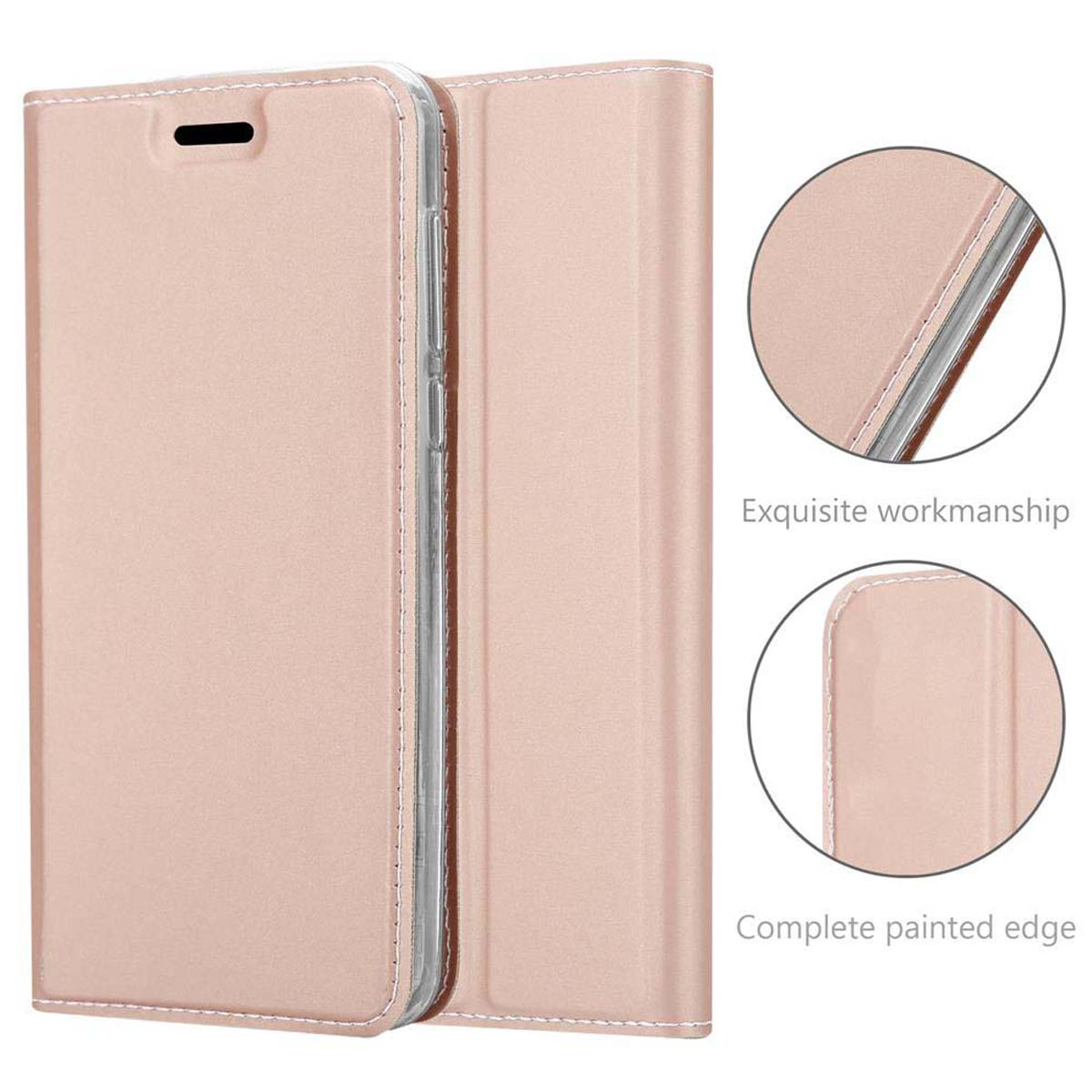 Funda de teléfono rosa, abierta, mostrando el interior. Detalles de exquisita artesanía, borde pintado.