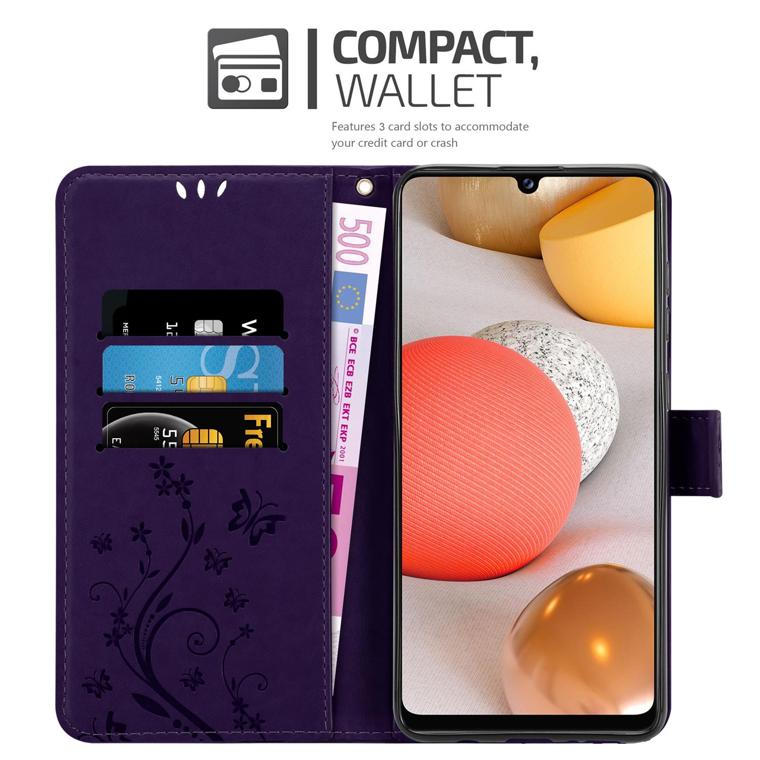 Custodia per telefono viola aperta, che mostra fessure per carte e una banconota da 500 euro. Il telefono mostra un'immagine colorata.