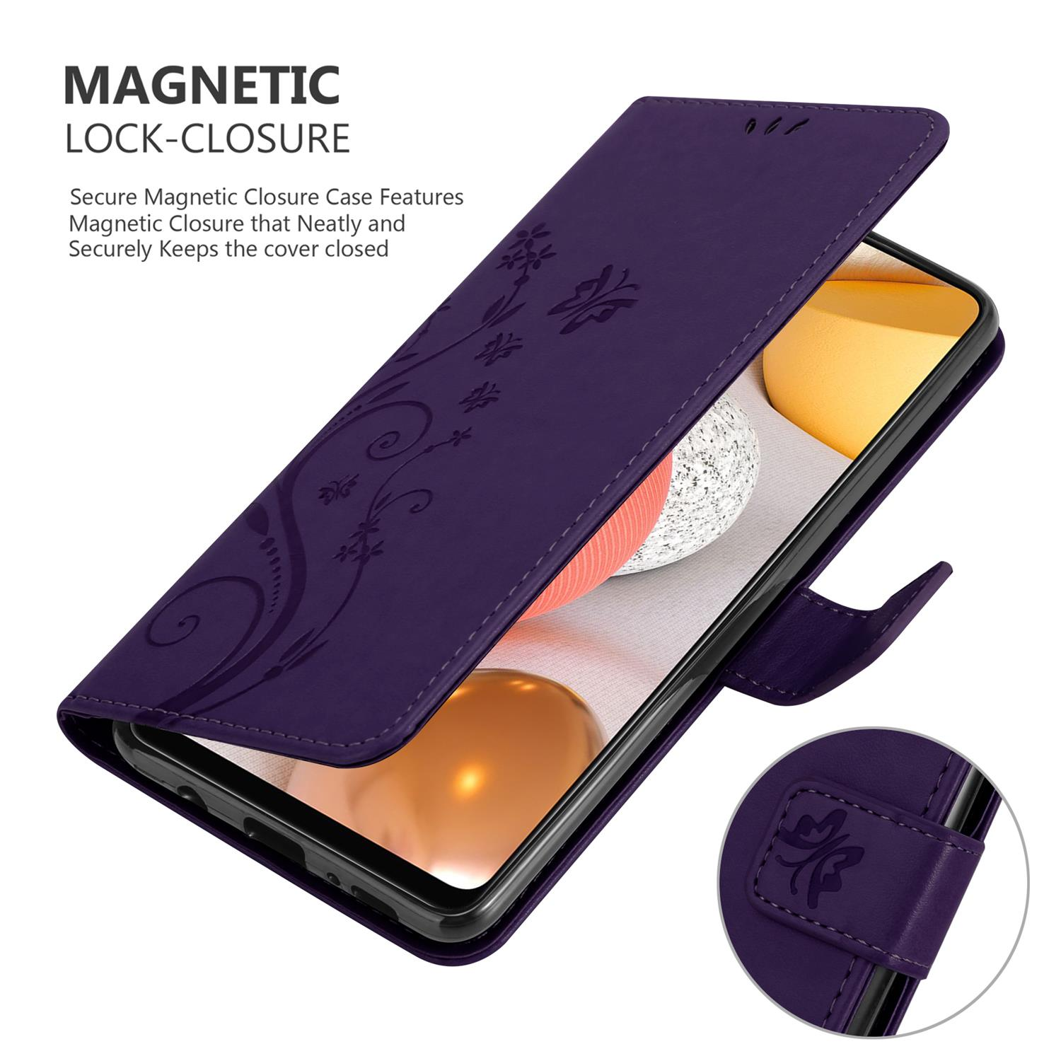 Custodia viola per telefono, aperta per mostrare il telefono all'interno. Design floreale. Chiusura magnetica.