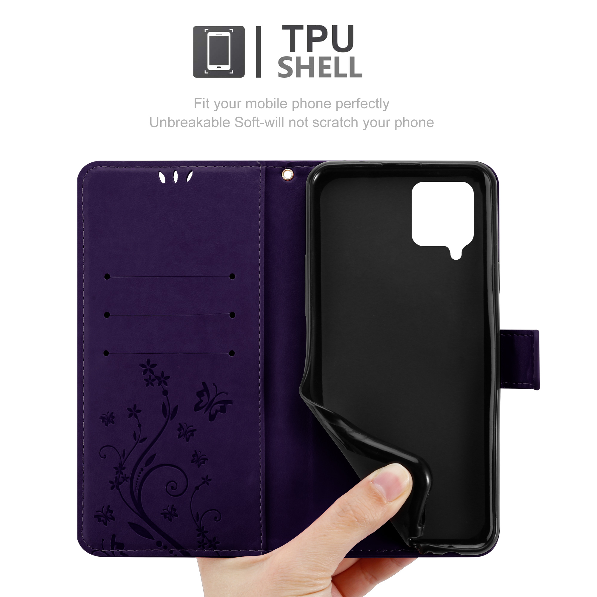 Una mano tiene aperta una custodia viola per telefono. La custodia ha disegni floreali.