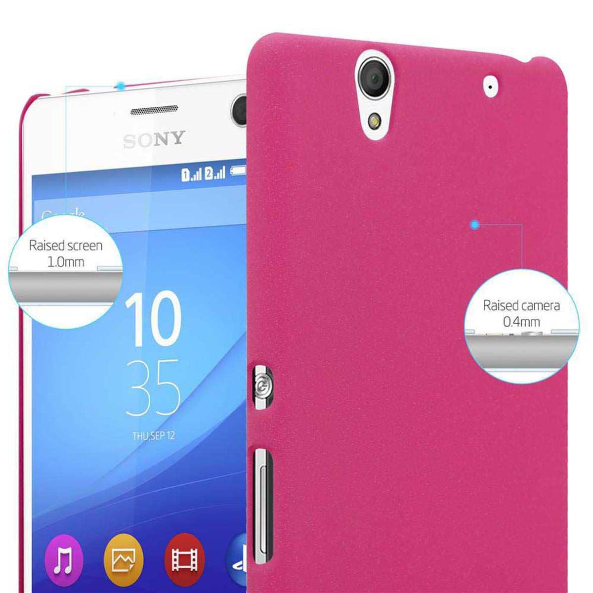 Custodia per telefono rosa, telefono parzialmente visibile. Testo: Schermo e fotocamera rialzati.