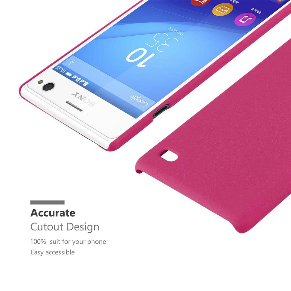 Telefono rosa con schermo bianco e custodia rosa. Il testo dice 'Accurate Cutout Design'.
