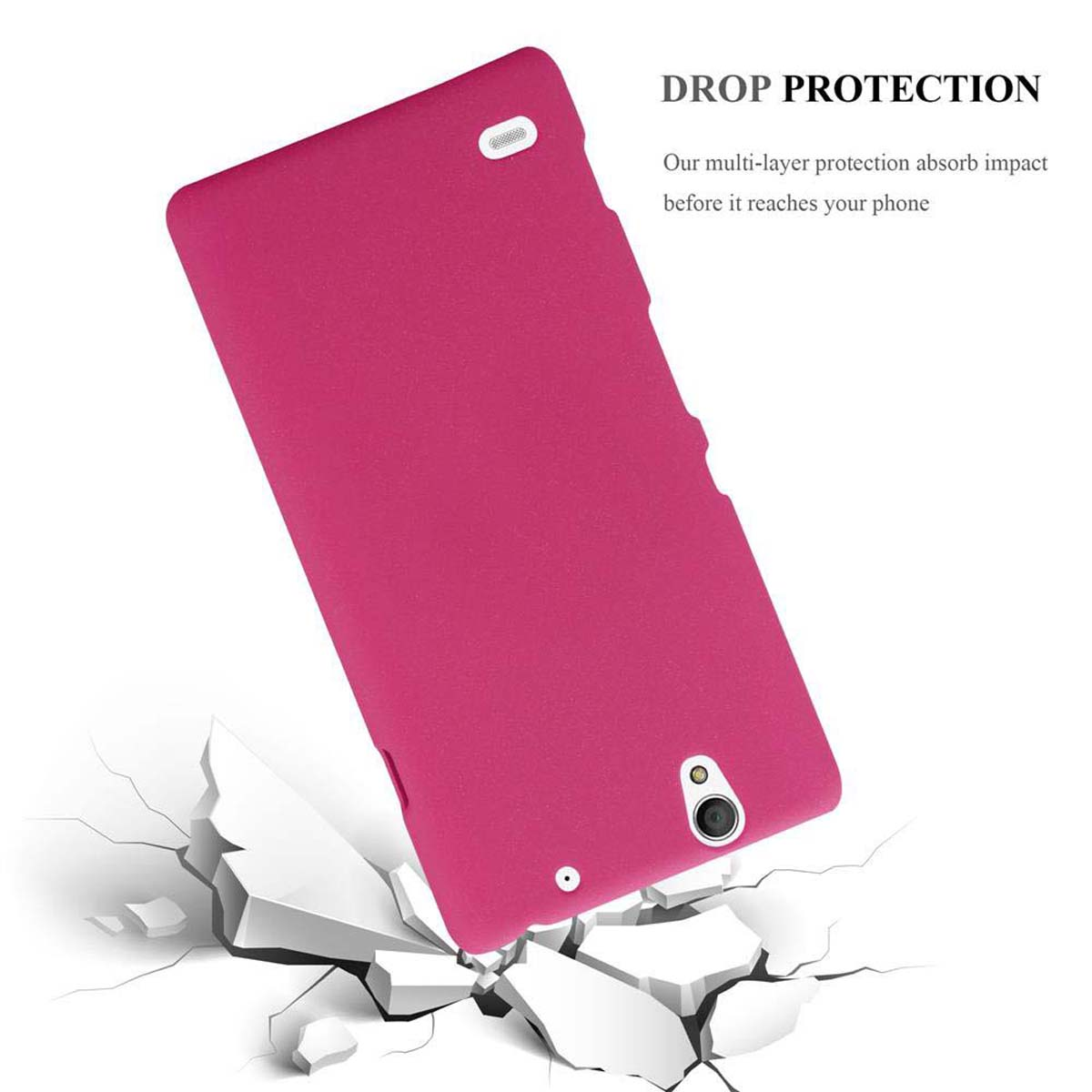 Custodia rosa per telefono con protezione anticaduta, crepe intorno, sfondo bianco.
