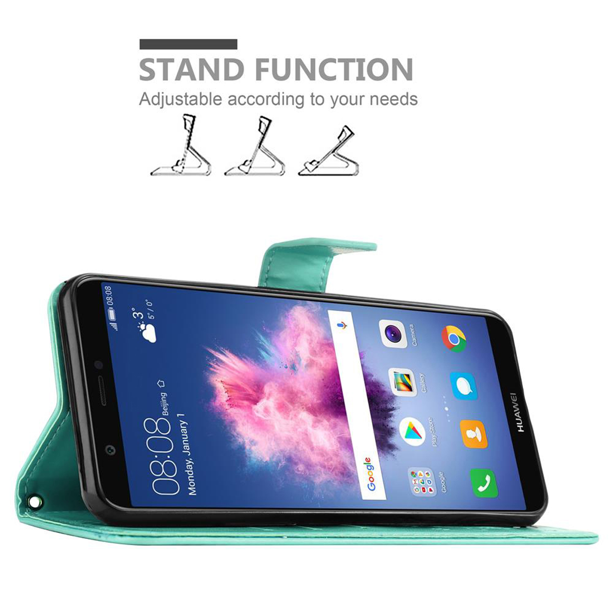 Custodia verde per telefono con telefono. Il telefono mostra l'ora. Testo: FUNZIONE SUPPORTO.