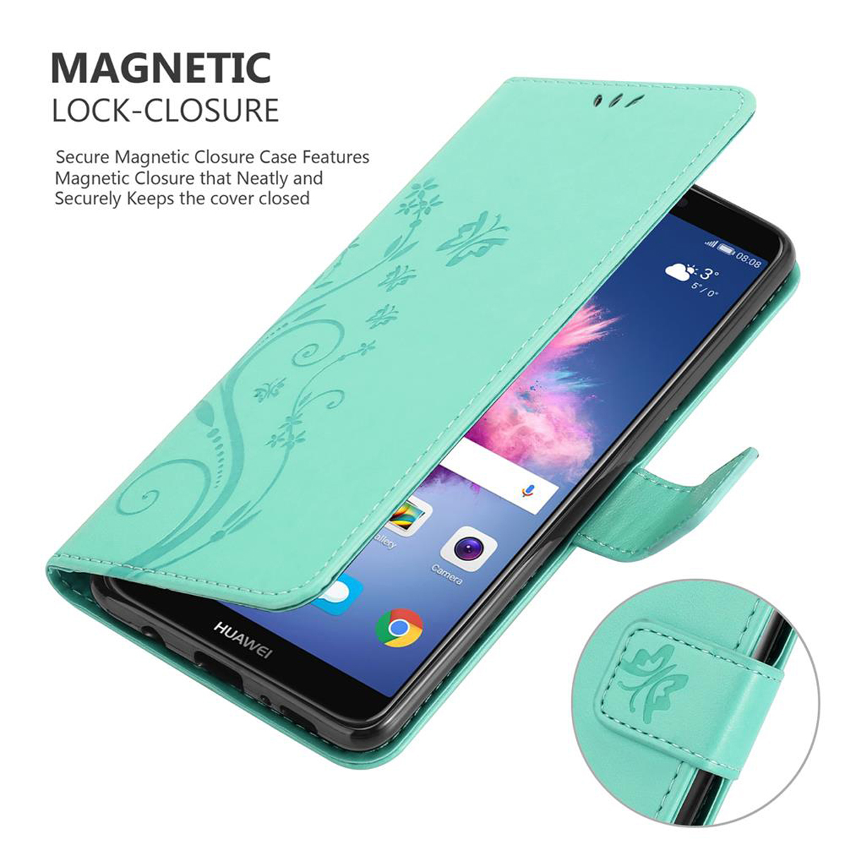 Custodia per telefono verde acqua aperta con telefono all'interno. La custodia ha un motivo floreale e una chiusura magnetica.