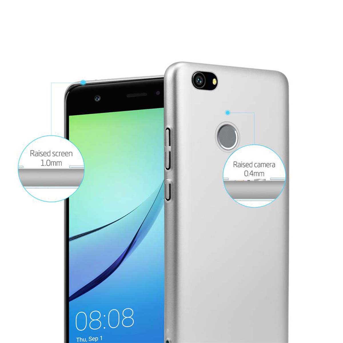 Silbernes Telefon und silberne Hülle. Das Telefon befindet sich auf der linken Seite. Text: erhöhter Bildschirm und Kamera.