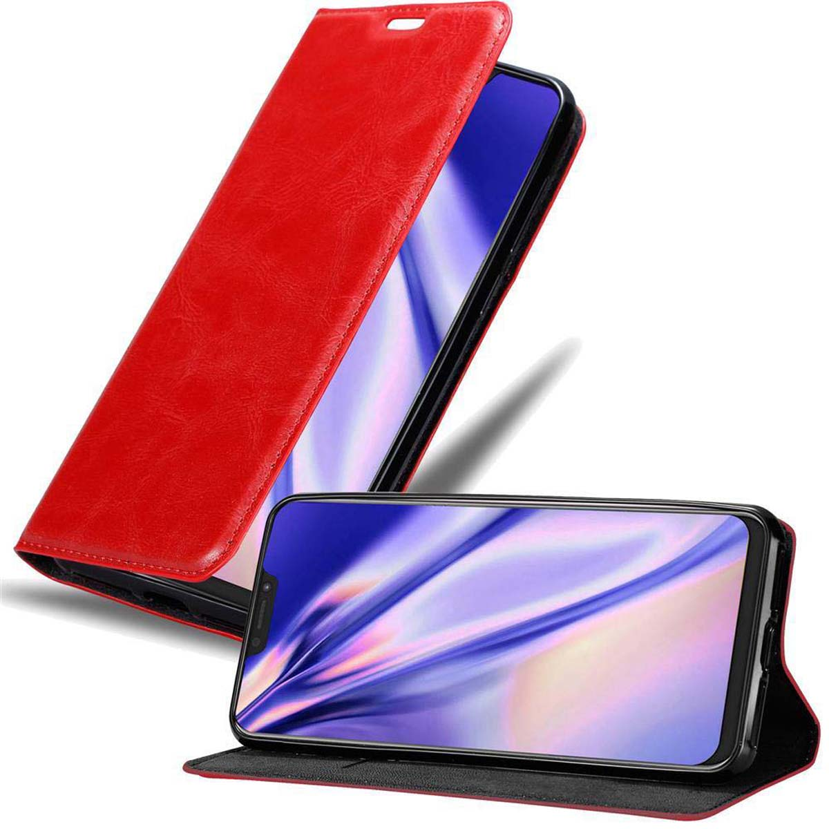 Una funda roja para teléfono con un teléfono dentro. La funda está abierta y el teléfono es visible.