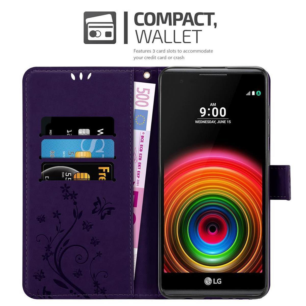 Custodia a portafoglio viola aperta, con carte, denaro e un telefono che mostra l'ora.