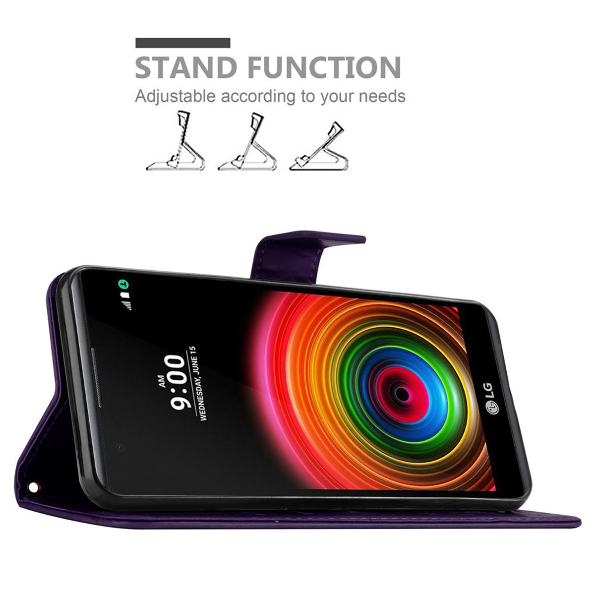 Custodia del telefono viola aperta, telefono all'interno. La custodia ha una funzione di supporto. Sfondo bianco.