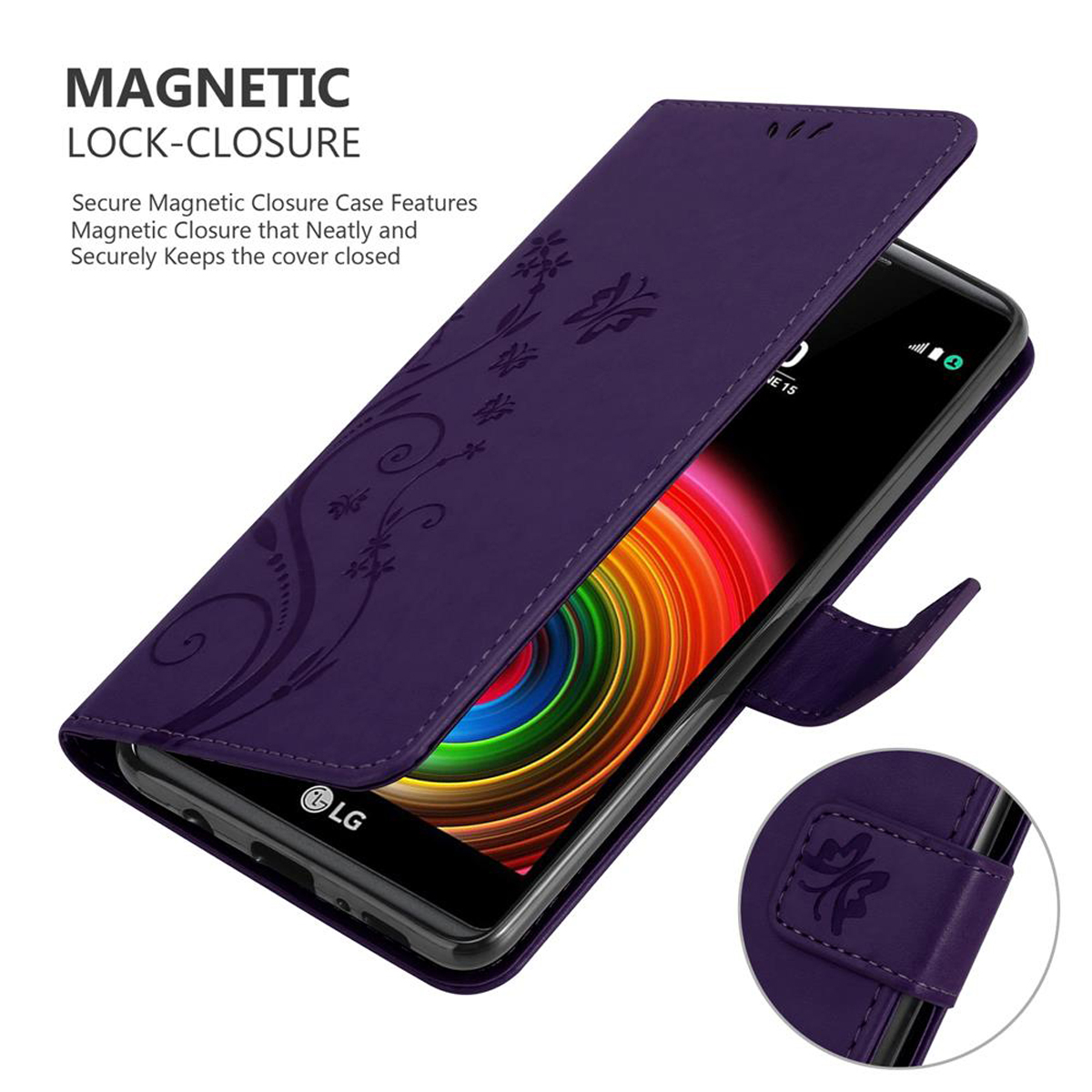 Una custodia per telefono viola è aperta, rivelando uno schermo. Ha un design floreale e chiusura magnetica.