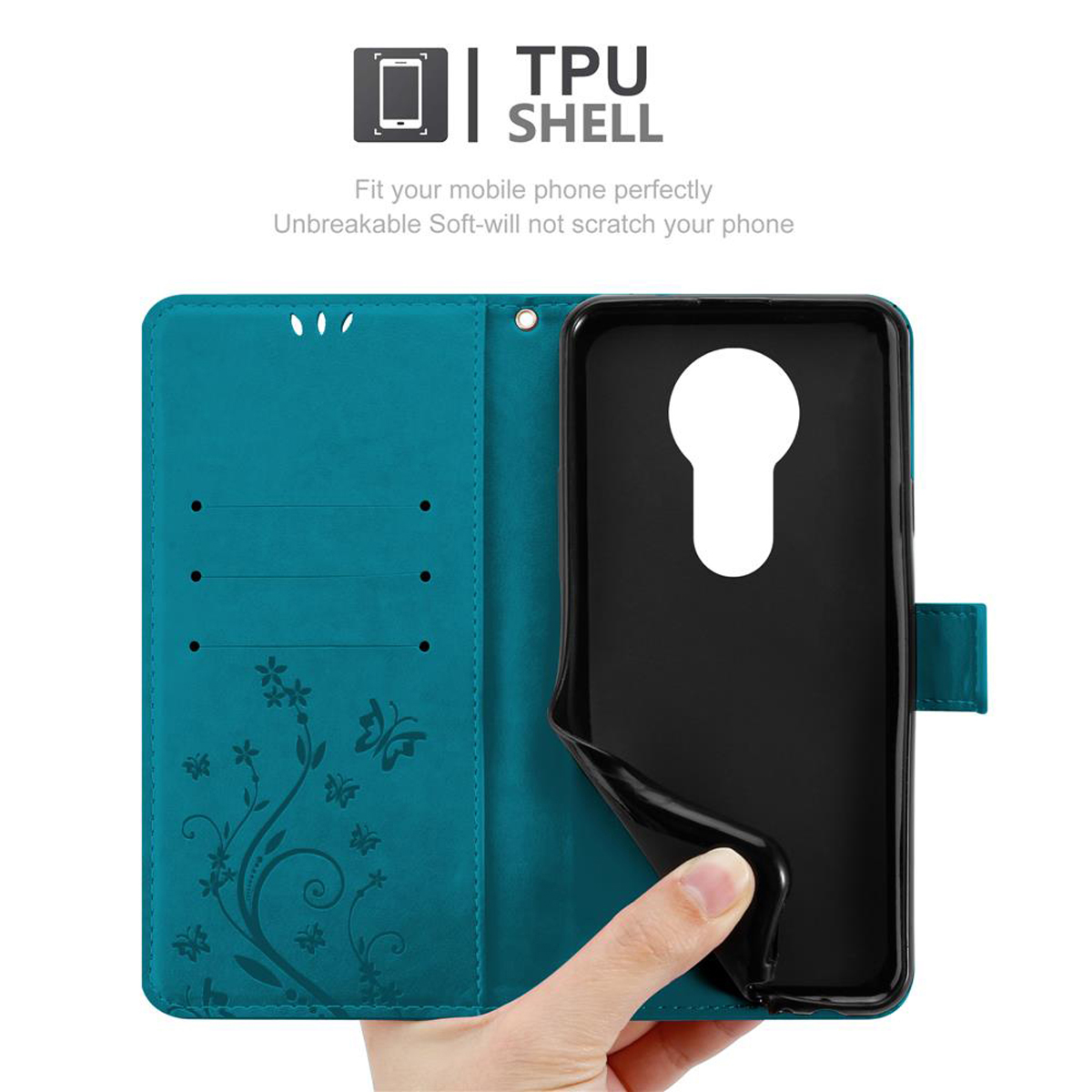 Custodia turchese aperta, mostra un telefono. La custodia ha un design floreale e guscio nero.