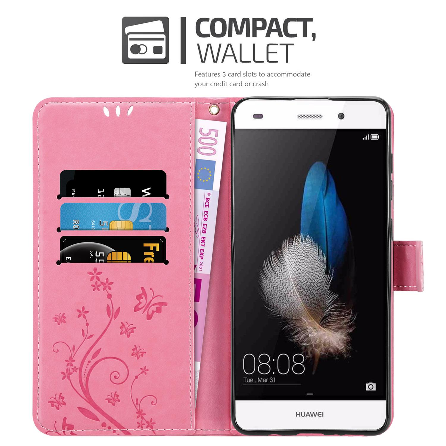 Custodia per telefono rosa con telefono all'interno. Ci sono slot per carte e denaro. Il telefono ha un'immagine di una piuma.