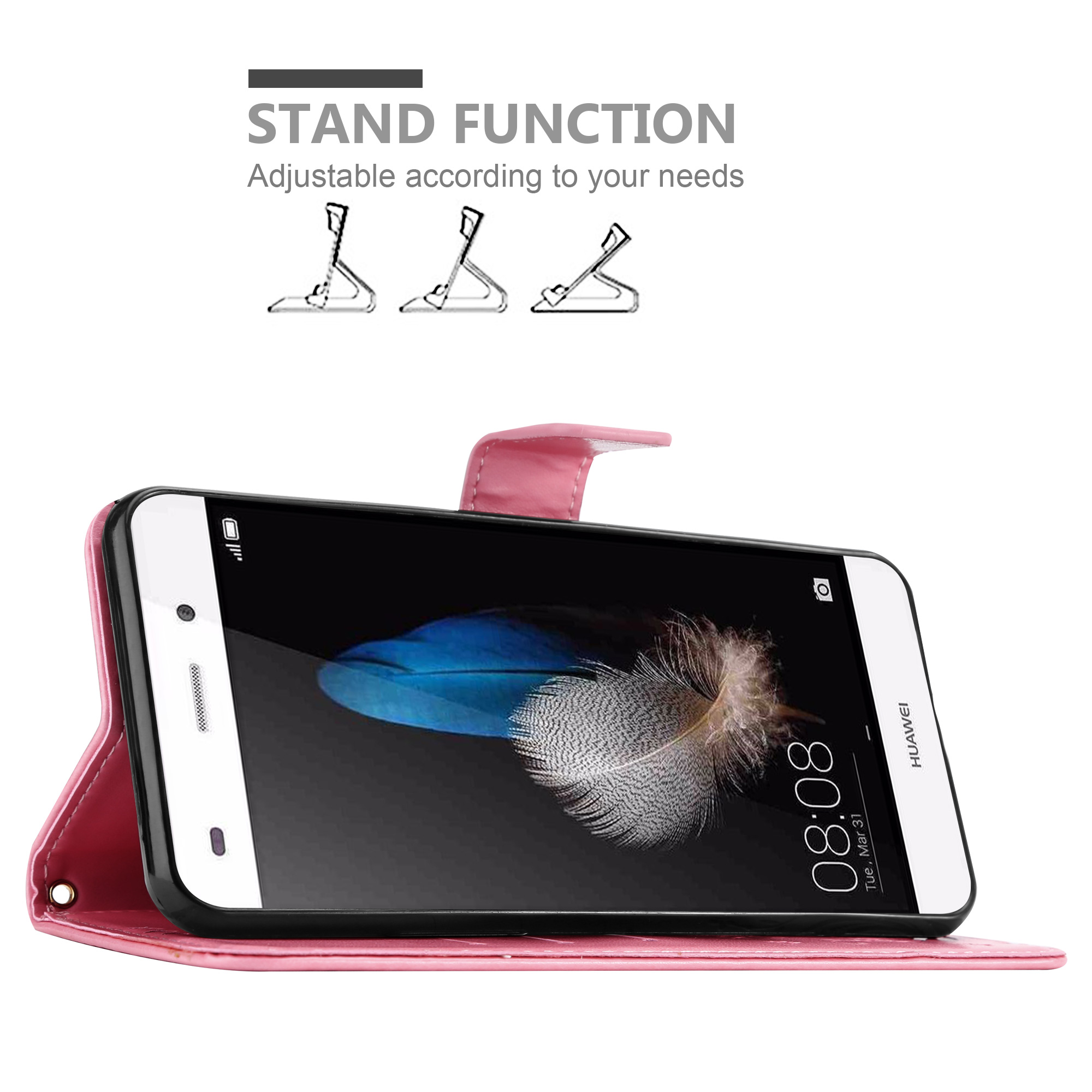 Un telefono è appoggiato in una custodia rosa. Testo in alto: 'STAND FUNCTION'.