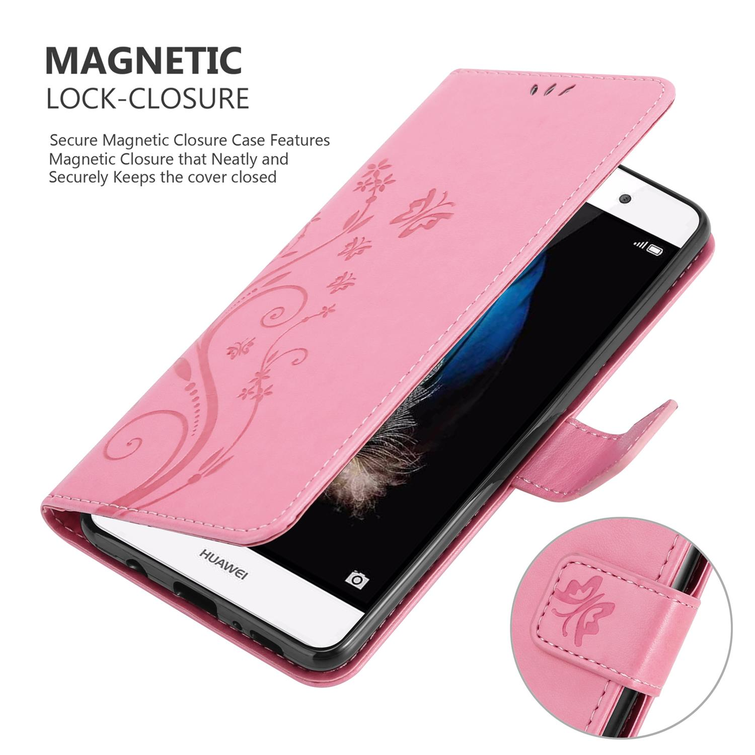 Custodia per telefono rosa aperta, con un telefono all'interno. La custodia ha dei fiori.