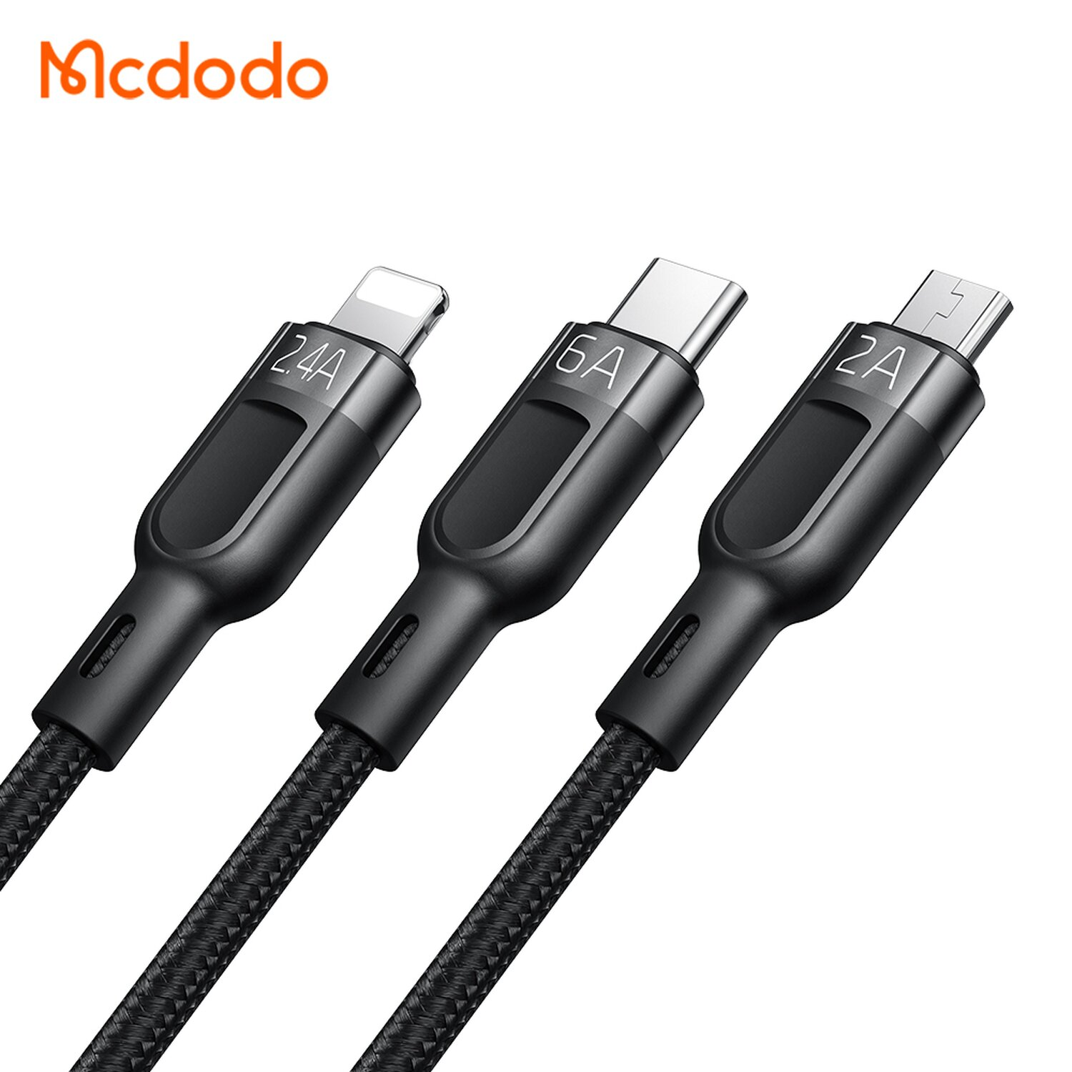 Farklı konektörlere sahip üç siyah şarj kablosu: Lightning, USB-C ve Micro-USB, amper dereceleriyle etiketlenmiş.
