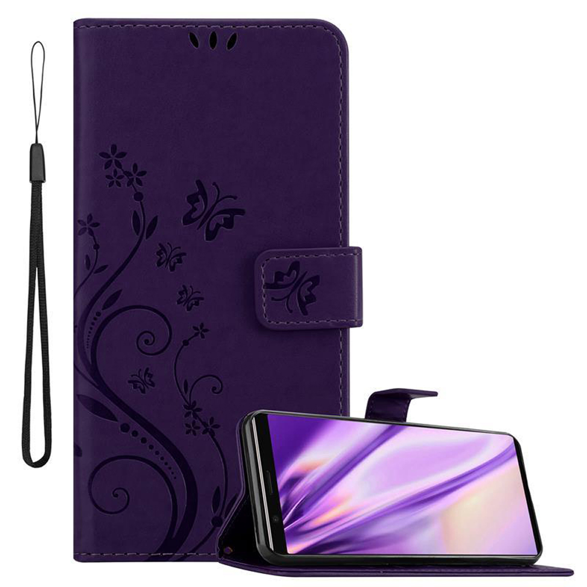 Custodia per telefono viola con design floreale e un telefono con schermo viola. Una cinghia a sinistra.